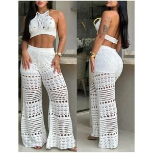 NWOT CHICME Sequin Knitted Halter Sleeveless Crop Top Pants set Sz XL